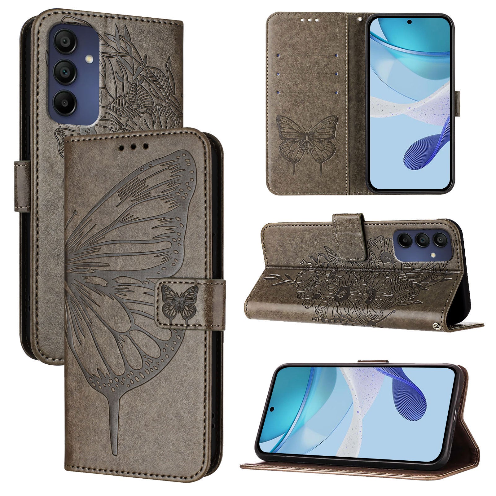 For Samsung Galaxy A16 5G / A16 4G Case YB Imprinting Series-4 Butterfly Flower Flip Wallet Leather Phone Cover - Grey For Samsung Galaxy A16 5G / A16 4G Case YB Imprinting Series-4 Butterfly Flower Flip Wallet Leather Phone Cover - Grey